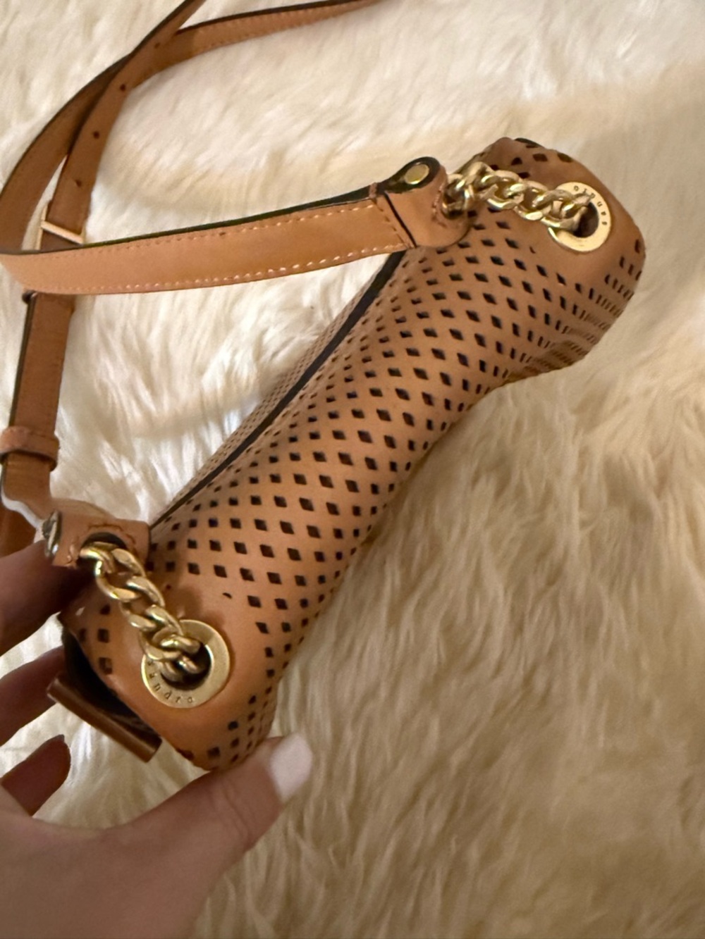 Sandro Yza Perforated Leather Crossbody Bag Camel Tan - Picture 7 of 9